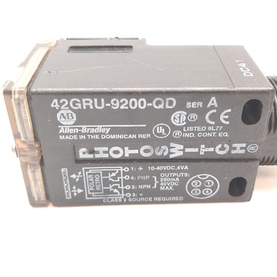 Used Allen Bradley 42GRU-9200-QD Photoelectric Sensor, 16ft, 10-40VDC, PNP NPN
