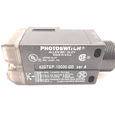 Used Allen Bradley 42GTGP-10000-QD Photoelectric Sensor, 51mm-2.7m, 10-30VDC, NPN