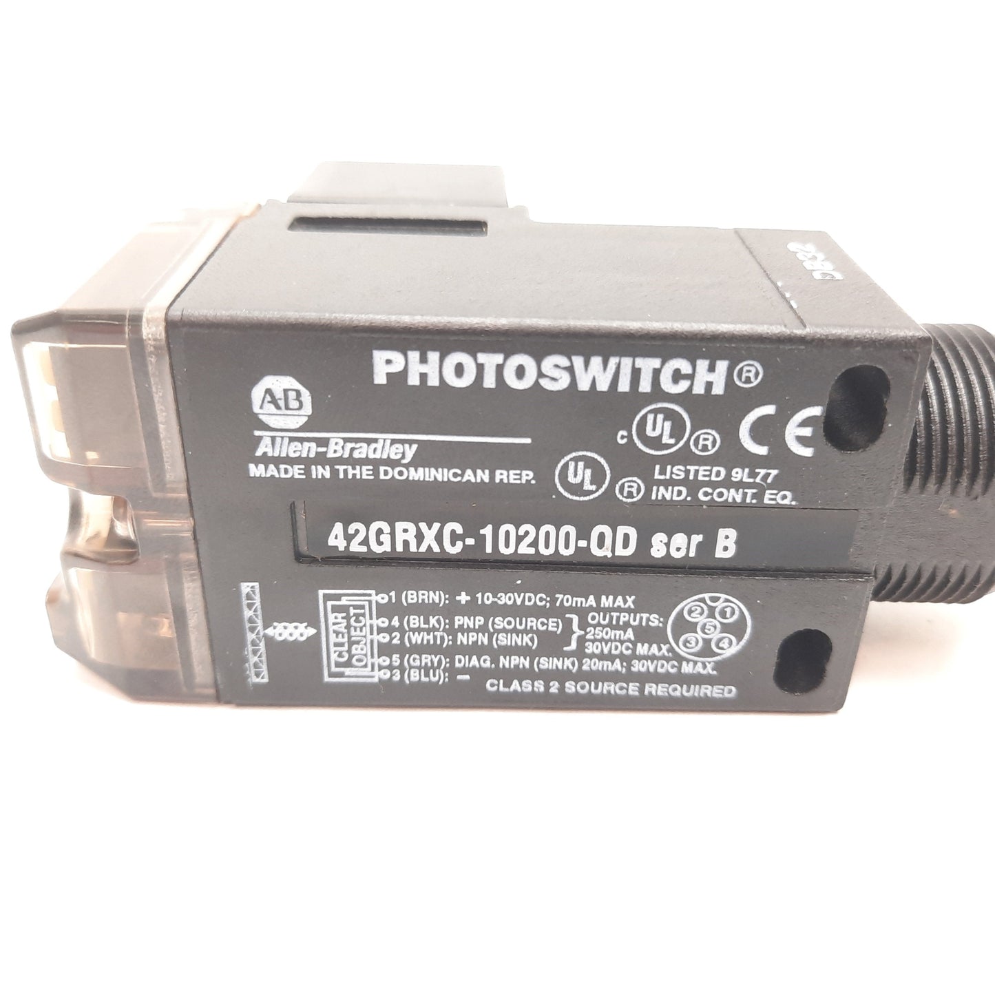 Used Allen Bradley 42GRXC-10200-QD Photoelectric Sensor, 10-30VDC, PNP NPN, 5-Pin