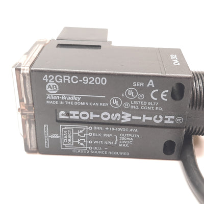 Used Allen Bradley 42GRC-9200 Photoelectric Sensor, 4ft, 10-40VDC, NPN PNP, 4-Wire