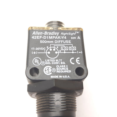 Used Allen Bradley 42EF-D1MPAK-Y4 Photoelectric Sensor, 500mm, 11-30VDC, 4-Pin M8