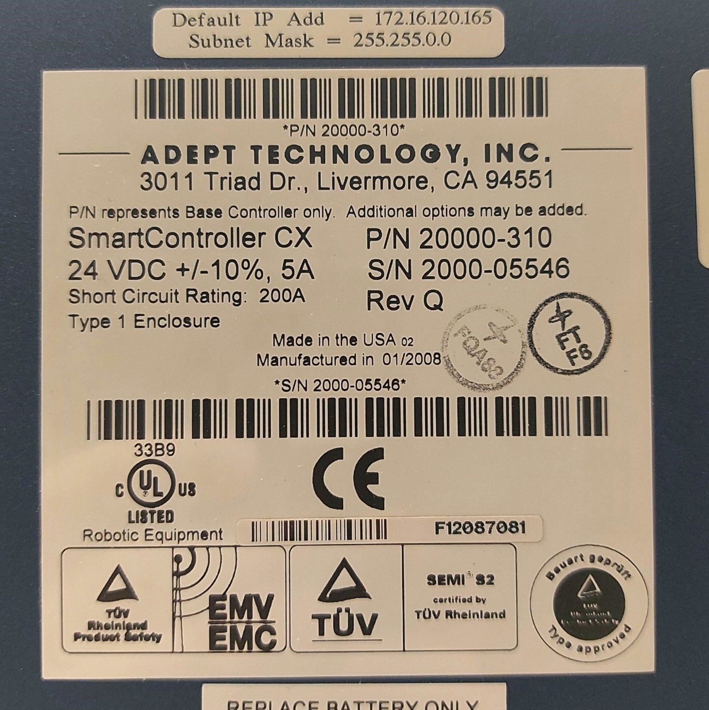 Used Adept 20000-310 Rev. Q Smart Robot Controller CX IEEE-1394 I/O w/128MB CF Card