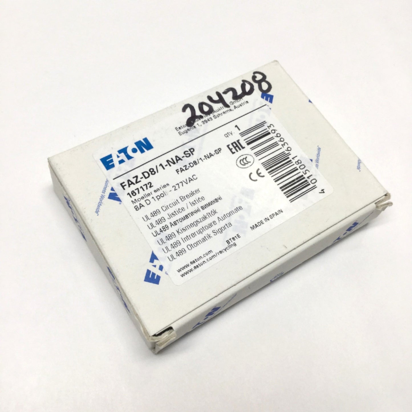 New Eaton FAZ-D8/1-NA-SP Miniature Circuit Breaker 1-Pole, 8A, 277VAC, D-Curve