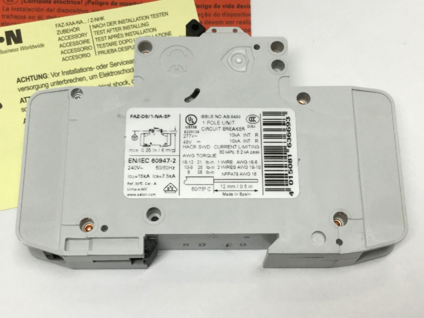 New Eaton FAZ-D8/1-NA-SP Miniature Circuit Breaker 1-Pole, 8A, 277VAC, D-Curve
