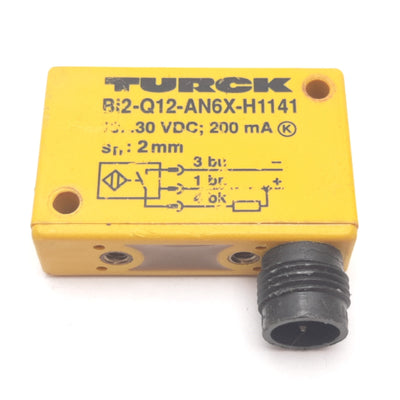 Used Turck Bi2-Q12-AN6X-H1141 Inductive Proximity Sensor, 2mm, 10-30VDC 200mA, NPN