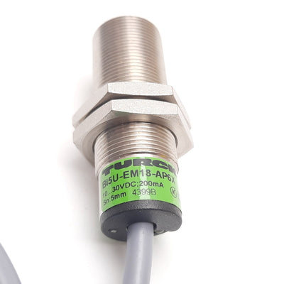 Used Turck Bi5U-EM18-AP6X Inductive Proximity Sensor, 5mm, 10-30VDC 200mA, PNP N/O