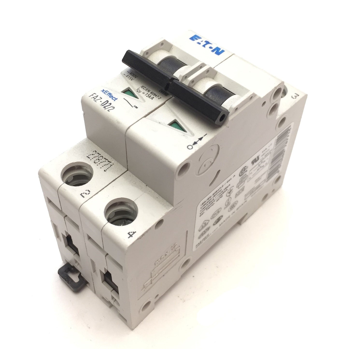 Used Eaton FAZ-D2/2 Miniature Circuit Breaker D-Curve 277/480VAC 2-Pole 2A, DIN Mount