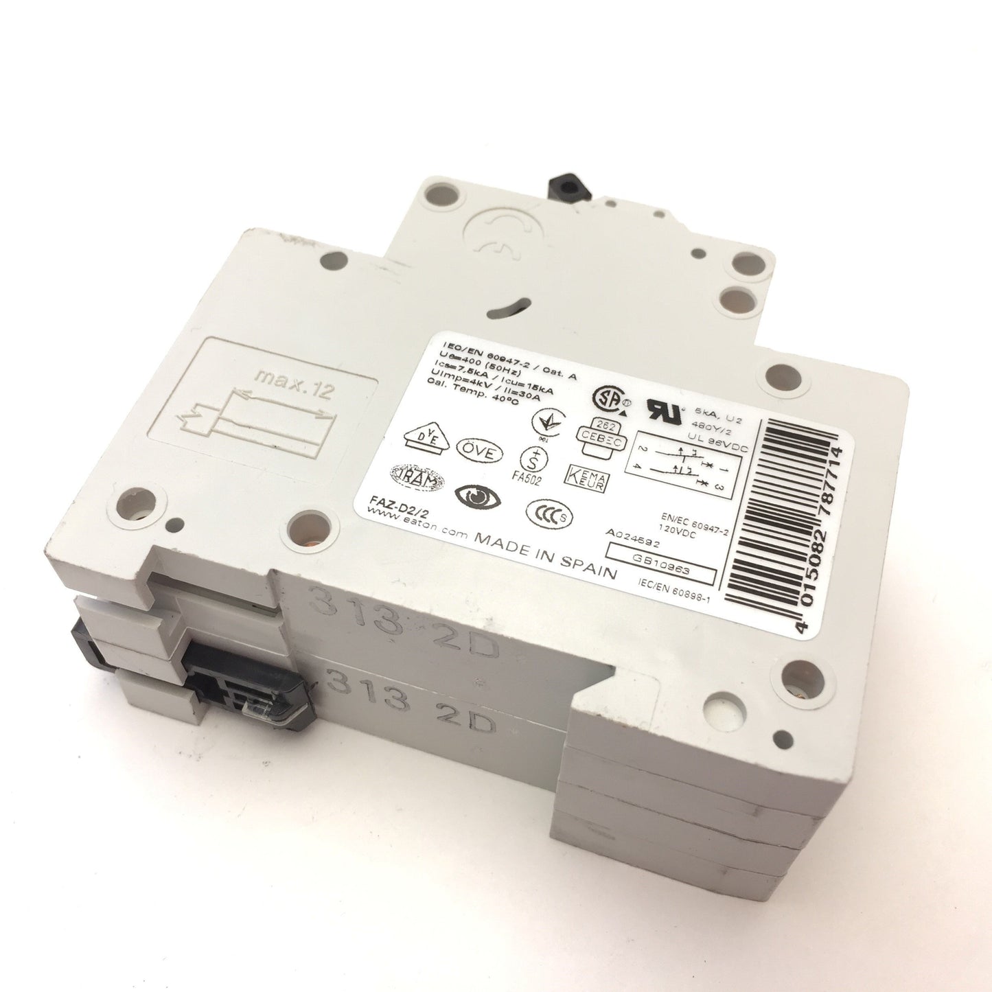 Used Eaton FAZ-D2/2 Miniature Circuit Breaker D-Curve 277/480VAC 2-Pole 2A, DIN Mount