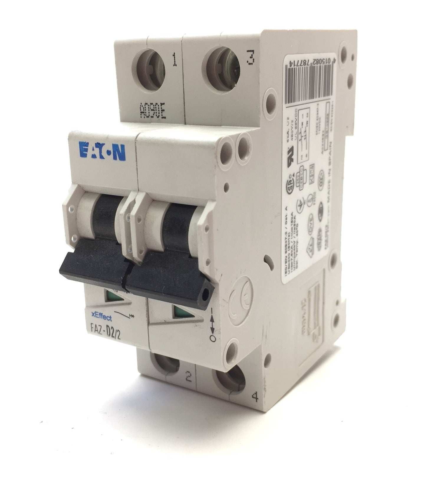 Used Eaton FAZ-D2/2 Miniature Circuit Breaker D-Curve 277/480VAC 2-Pole 2A, DIN Mount