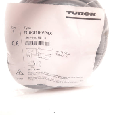 New Turck Ni8-S18-VP4X Inductive Proximity Sensor, 8mm, 10-65VDC 200mA, PNP, 4-Wire