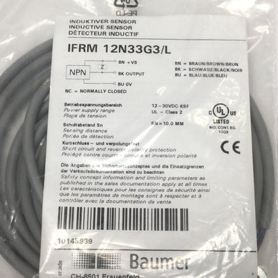 New Baumer IFRM 12N33G3/L Inductive Proximity Sensor Switch 10mm, 12-30VDC, NPN-NC