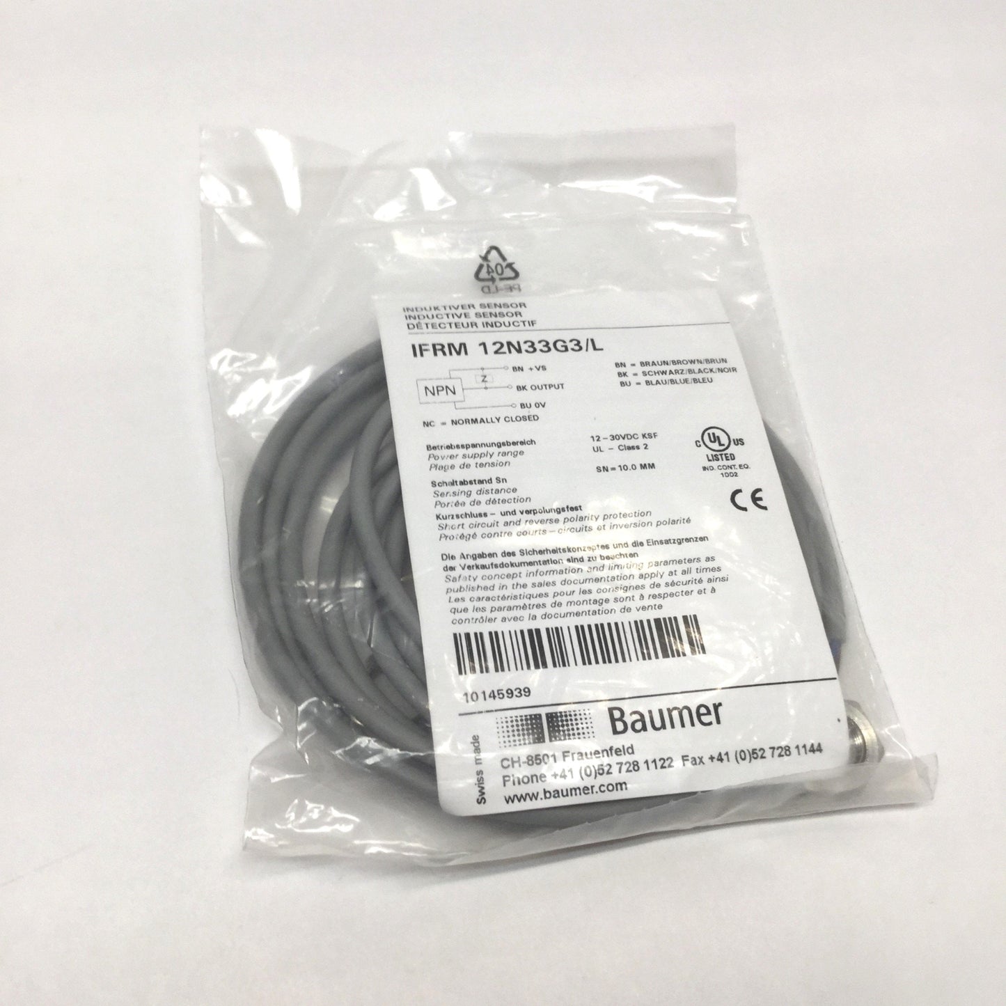 New Baumer IFRM 12N33G3/L Inductive Proximity Sensor Switch 10mm, 12-30VDC, NPN-NC