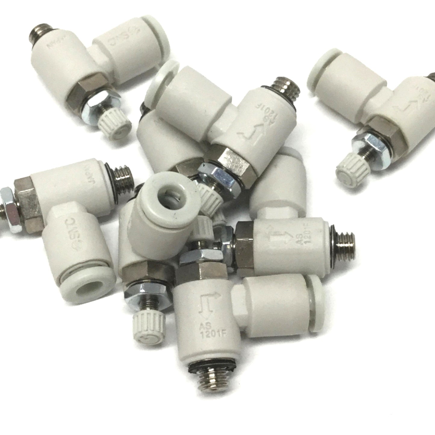 Used Lot of 8 SMC AS1201F-M5-04 Elbow Flow Controls, M5x0.8 Thread, 4mm Tubing