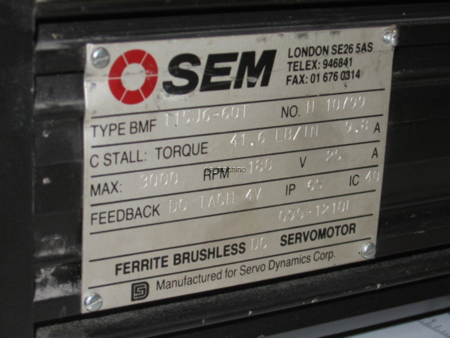 Used SEM BMF115J6-60T Brushless DC Servo Motor 180V 24A 3000RPM 3/8" Shaft