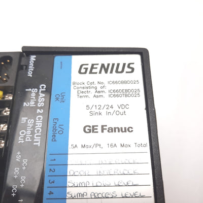Used GE Fanuc IC660BBD025 Genius Discrete I/O Block, 5/12/24VDC Sink In/Out 0.5A Max