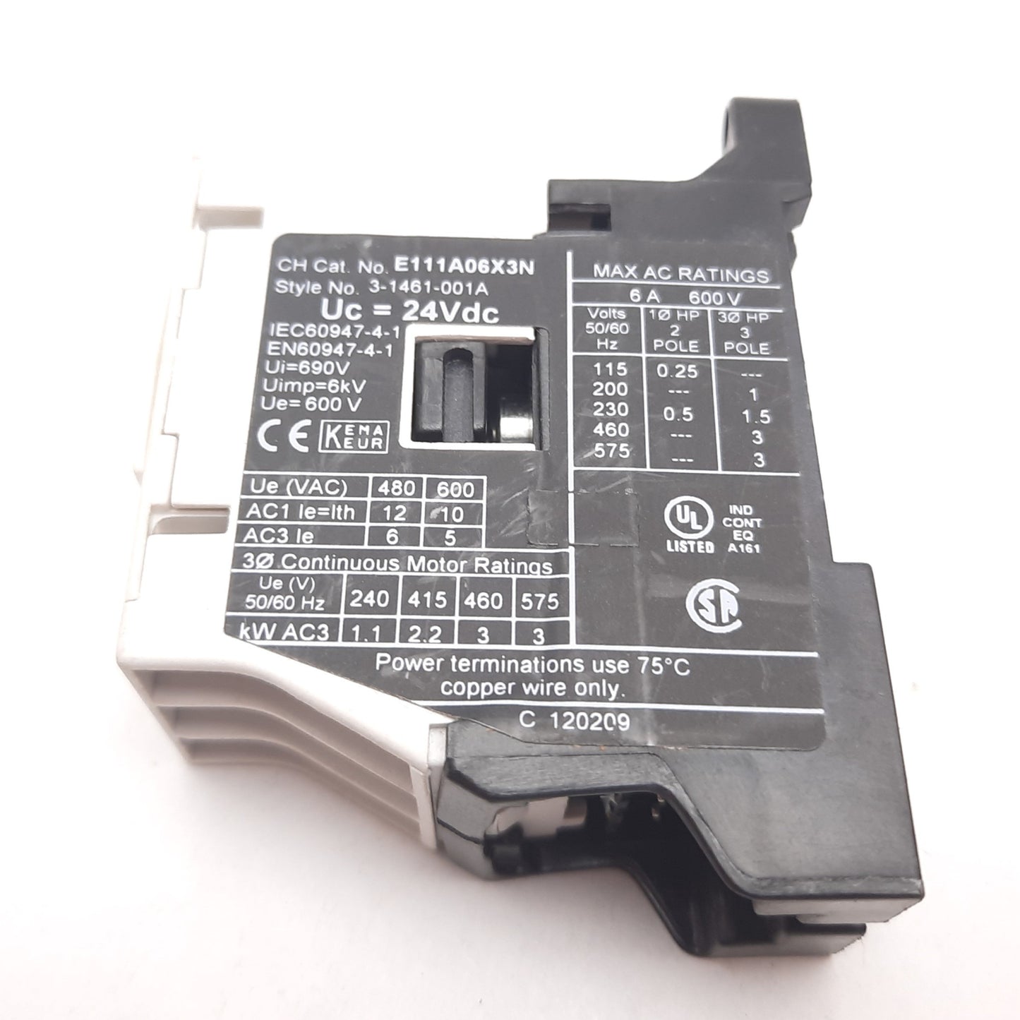 Used Eaton Cutler Hammer E111A06X3N Motor Control Contactor 6A 600VAC, *Bad Aux Mount