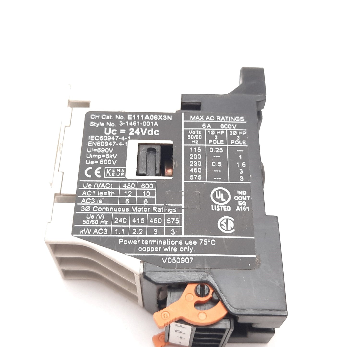 Used Eaton Cutler Hammer E111A06X3N Motor Control Contactor 6A 600VAC, Bad Aux Mount