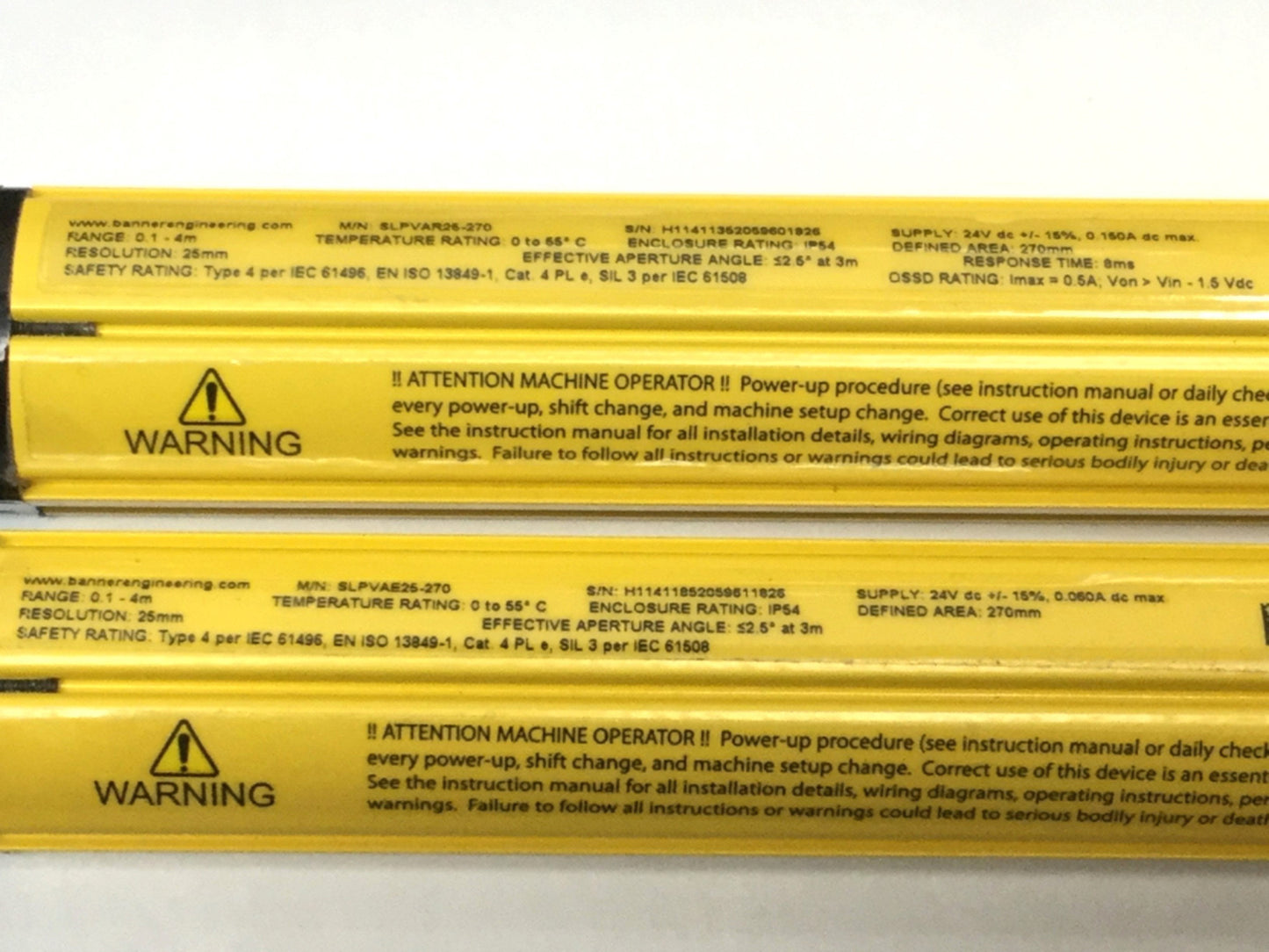 New Banner SLPVAP25-270 EZ-Screen Safety Light Curtain Emitter & Receiver, 25mm Res