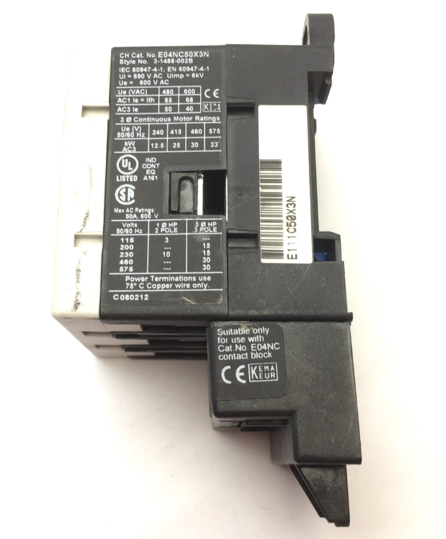 Used Eaton Cutler Hammer E04NC50X3N Contact Block E02NCXCXNN 600VAC 50A, 24VDC Coil
