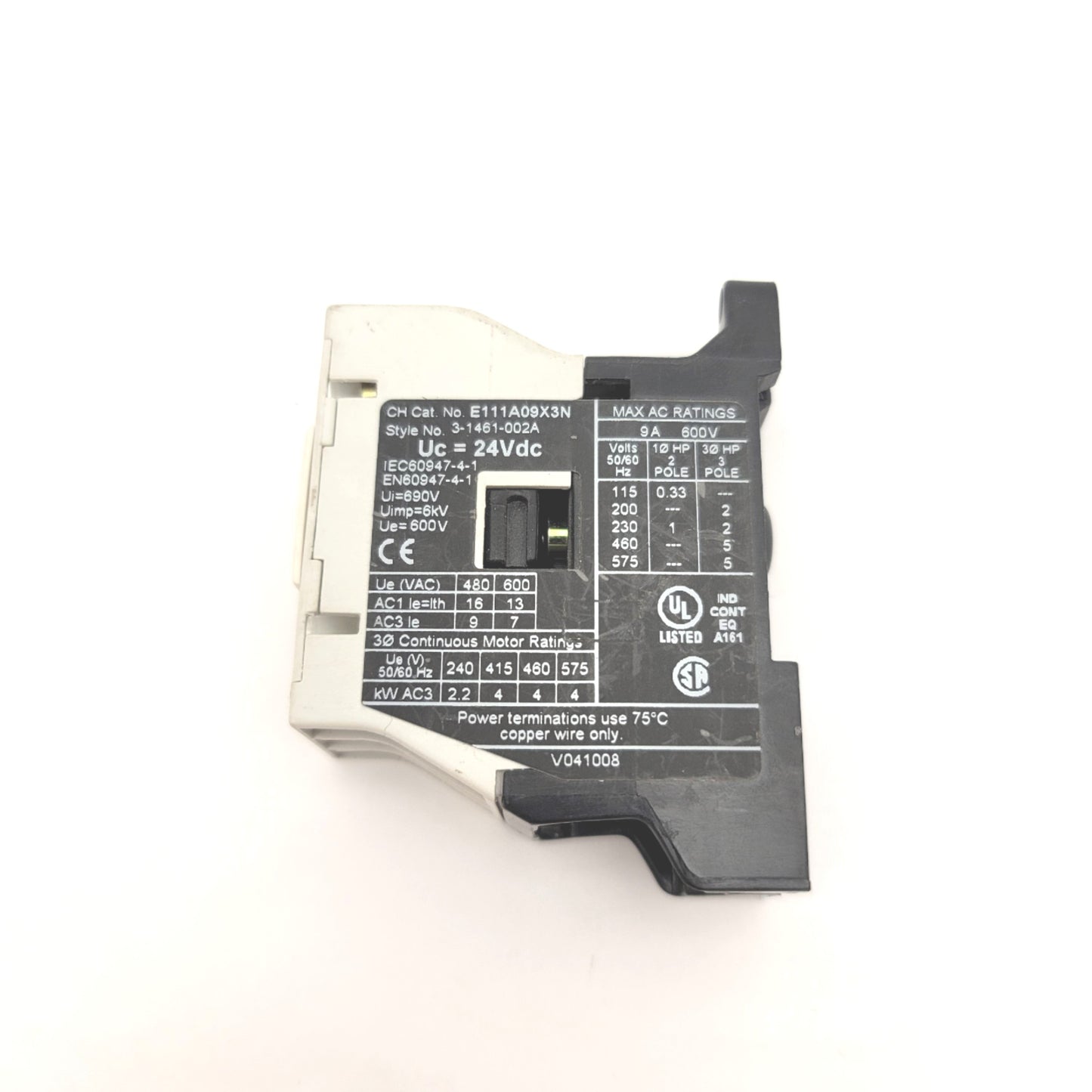 Used Eaton E111A09X3N Non-Reversing Motor Contactor 3-Pole 24VDC, 575VAC, 9A, 4kW