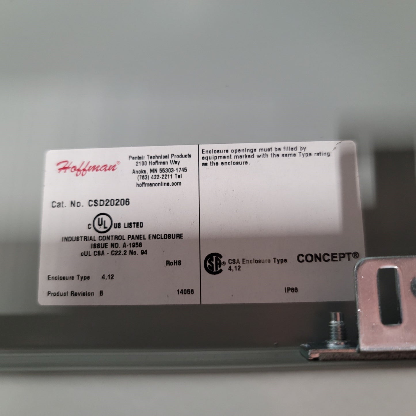 New Hoffman CSD20206 Concept Single Door Wall Mount Enclosure 20"H x 20"W x 6"D Gray