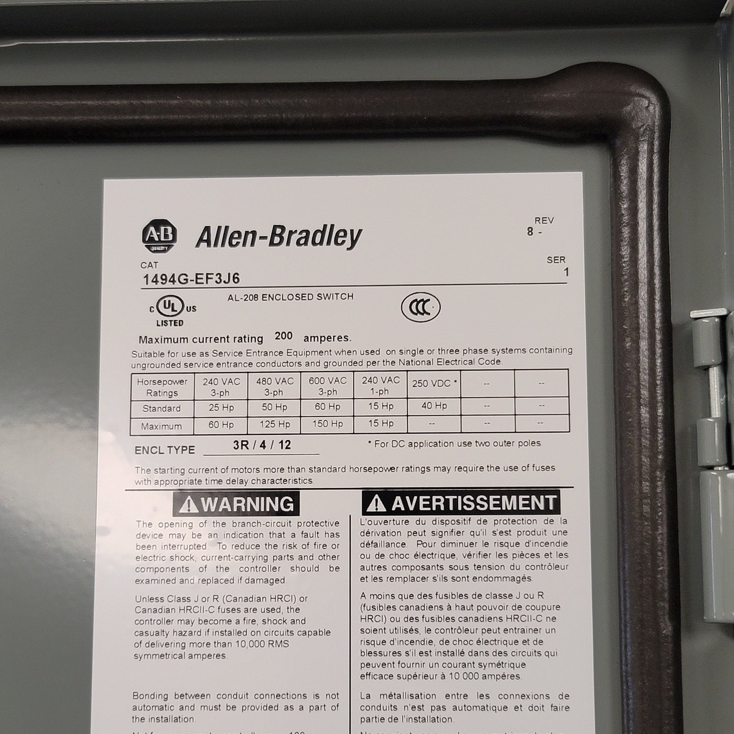 New Allen Bradley 1494G-EF3J6 Enclosed Disconnect Switch 200A, 240-600VAC/250VDC
