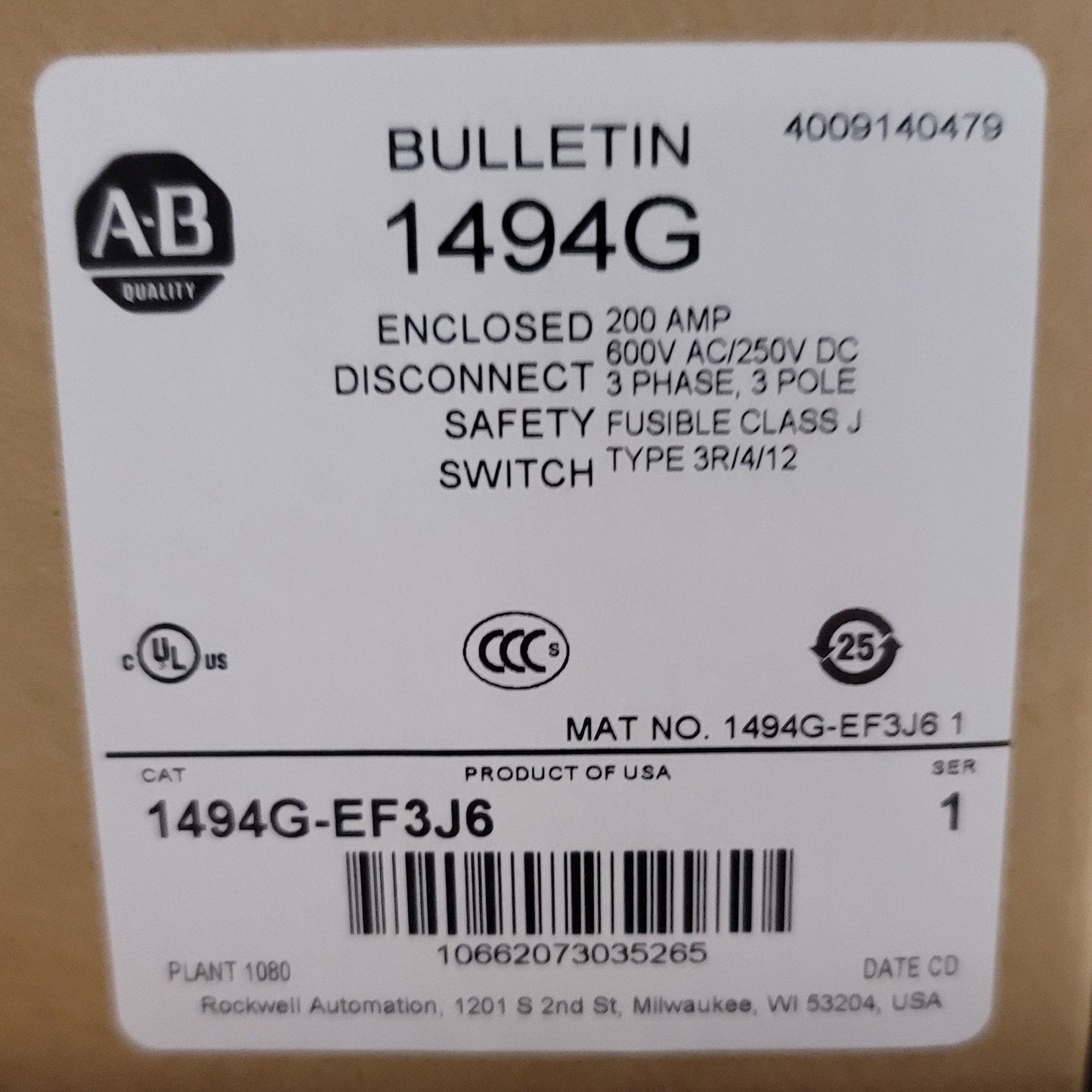 New Allen Bradley 1494G-EF3J6 Enclosed Disconnect Switch 200A, 240-600VAC/250VDC