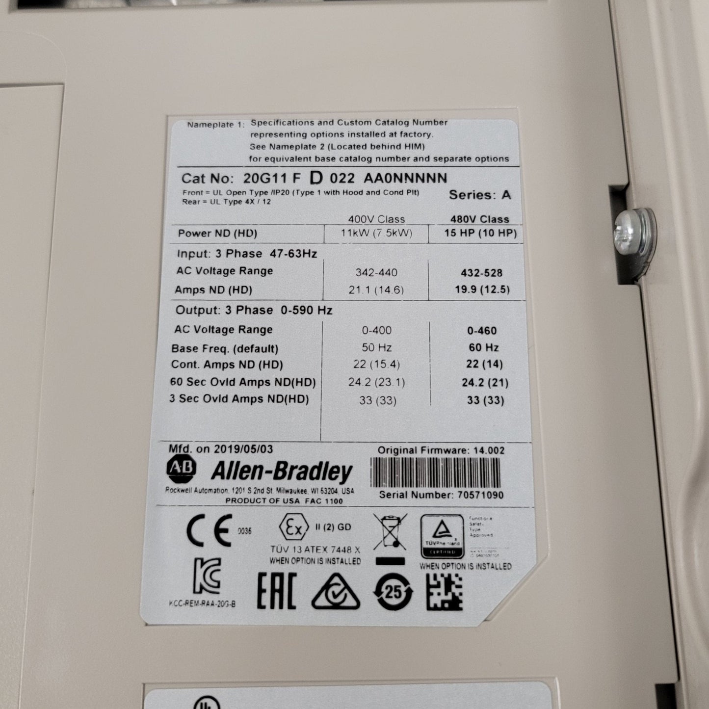 New Other Allen Bradley PowerFlex 755 Air Cooled AC Drive 480VAC, 60Hz, 3-Phase, 22A ,15Hp