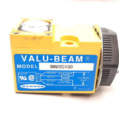 Used Banner SM912CVQD Photoelectric Sensor, 38mm, 10-30VDC, Bipolar NPN PNP, 4-Pin