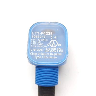 Used Sick ET3-F4228 Photoelectric Sensor, 100mm, 10-30VDC, PNP Output, 4-Pin M12