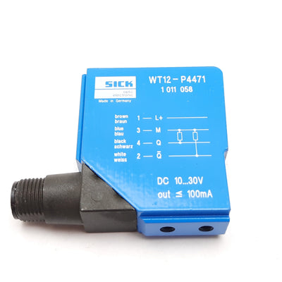 Used Sick WT12-P4471 Photoelectric Sensor, 100mm, 10-30VDC, PNP Output, 4-Pin M12