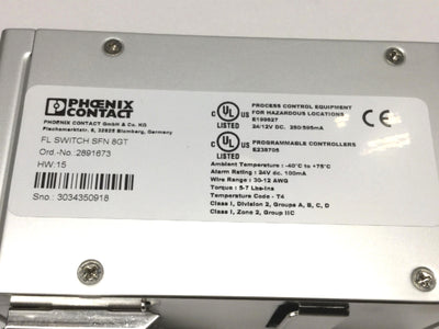 Used Phoenix FL SWITCH SFN 8GT Unmanaged Industrial Ethernet Switch, 8-Port, RJ45