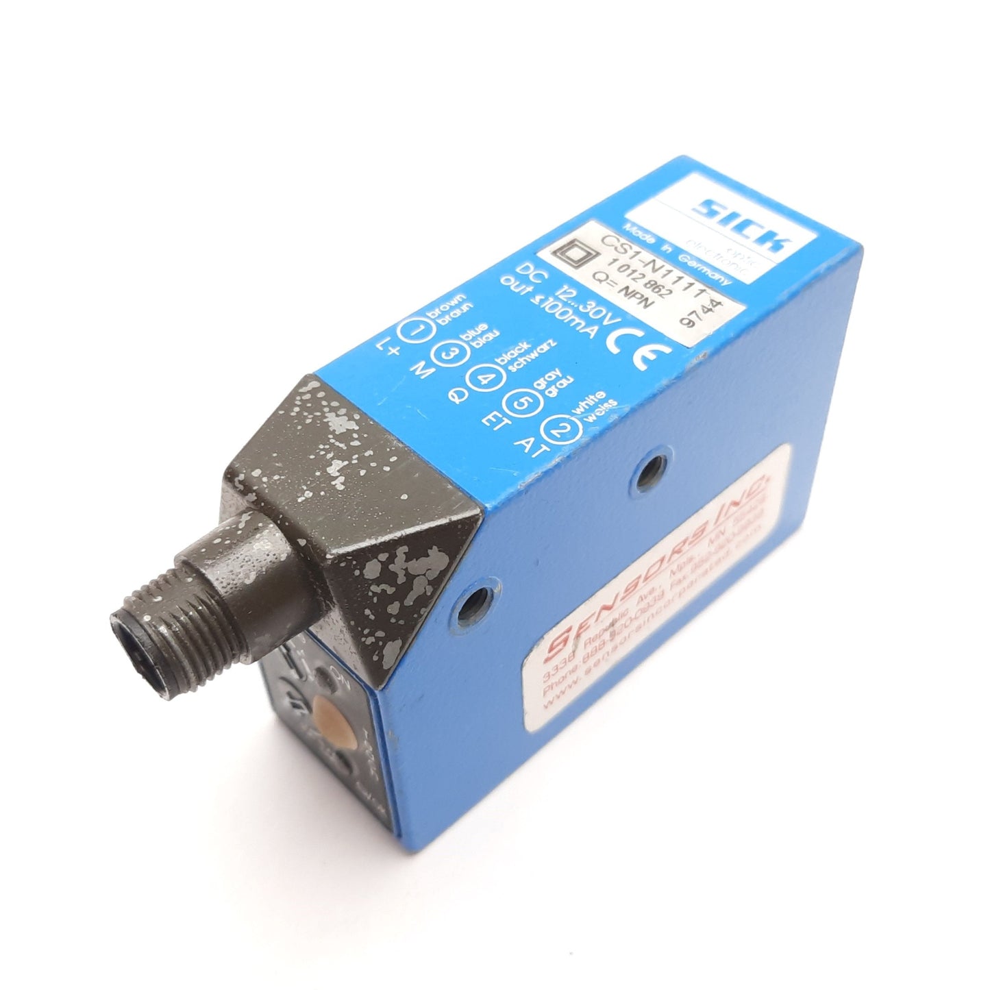 Used Sick CS1-N1111 Color Sensor, 12.5mm, 12-30VDC, Output: NPN, 5-Pin M12