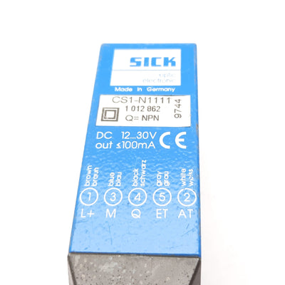 Used Sick CS1-N1111 Color Sensor, 12.5mm, 12-30VDC, Output: NPN, 5-Pin M12
