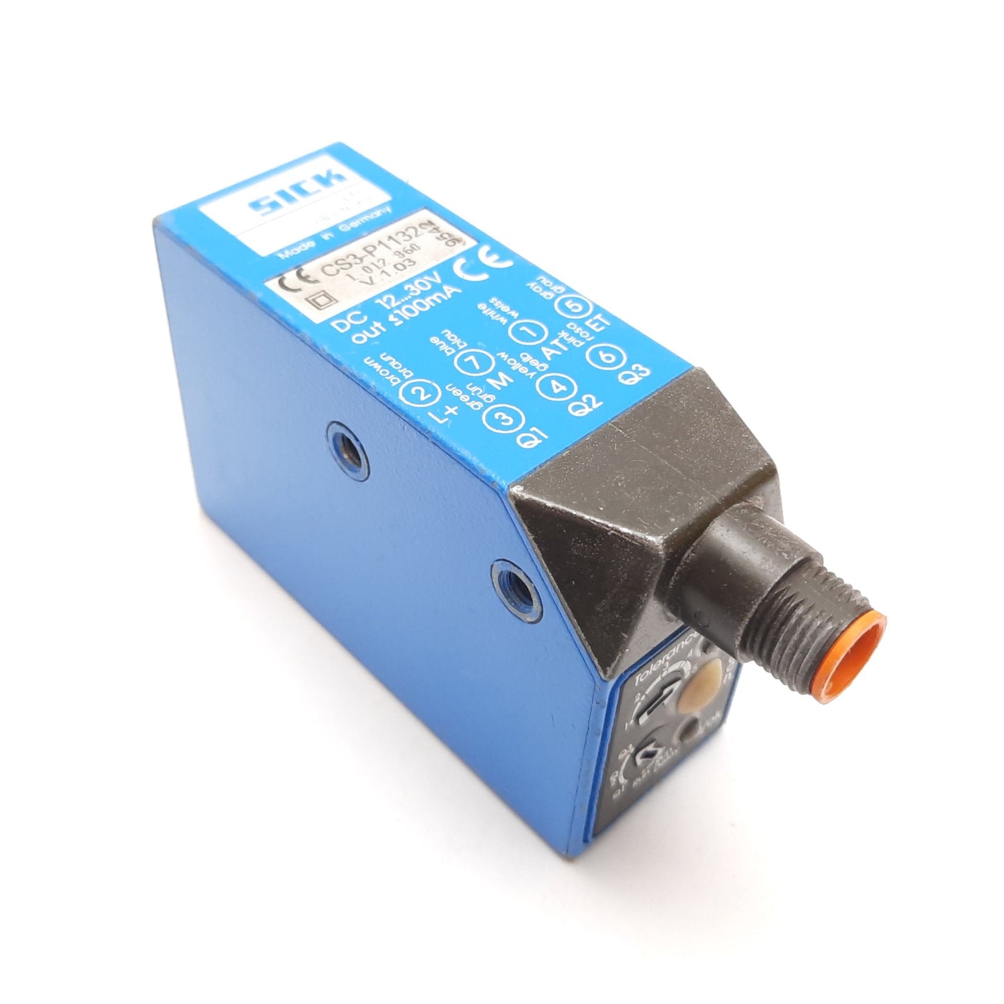 Used Sick CS3-P1132 Photoelectric Color Sensor, 12.5mm, 12-30VDC, PNP, 7-Pin M12