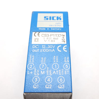 Used Sick CS3-P1132 Photoelectric Color Sensor, 12.5mm, 12-30VDC, PNP, 7-Pin M12