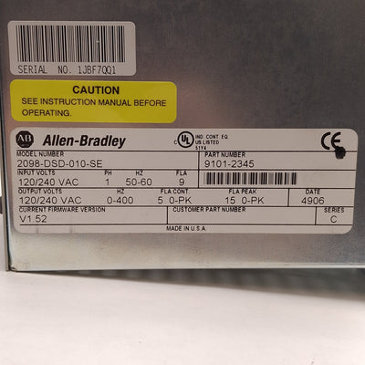 Used Allen Bradley 2098-DSD-010-SE Kinetix Ultra3000 Servo Drive, 120/240VAC 0-400Hz