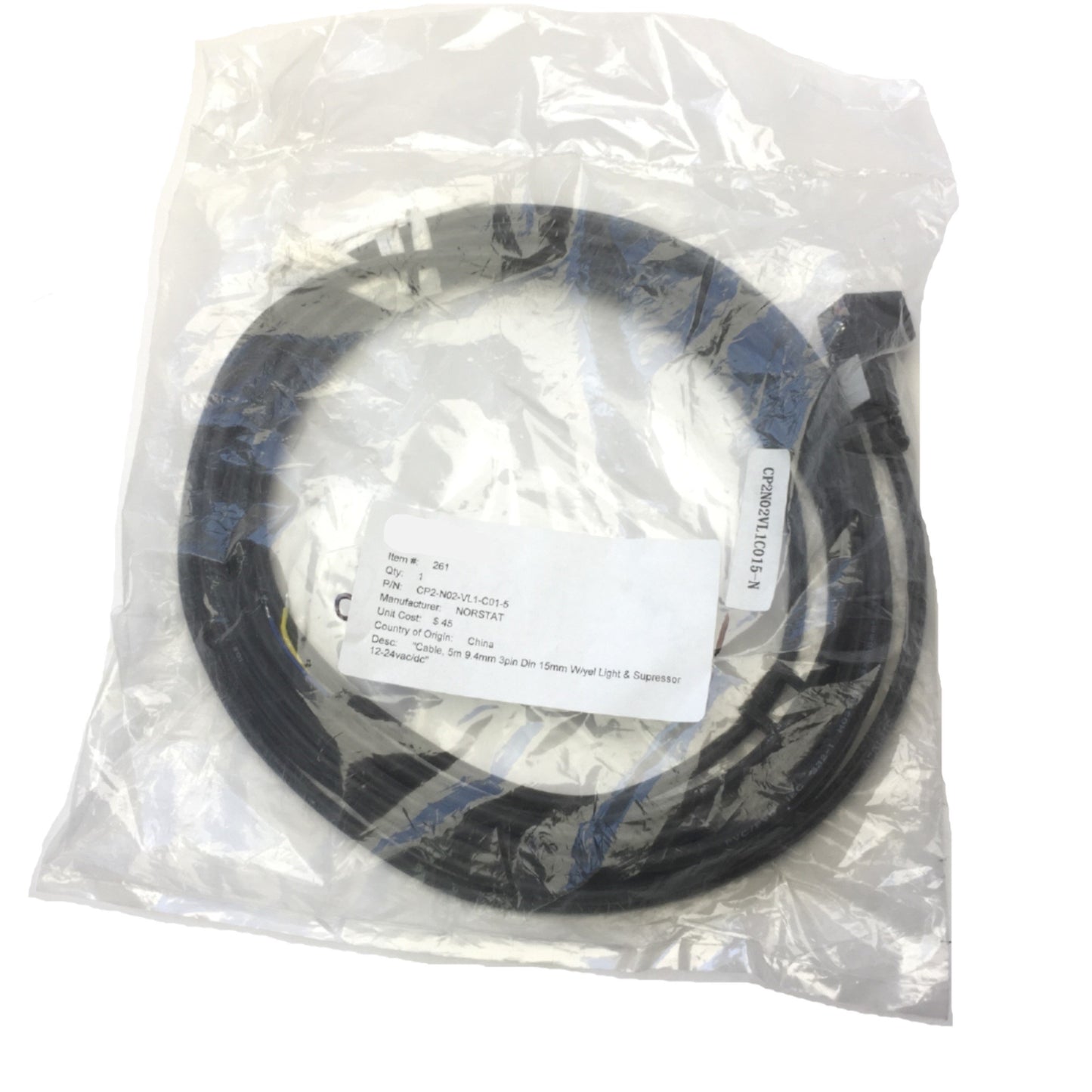 New Norstat CP2-N02-VL1-C01-5 Cable 5m 3-Pin w/Yellow Light & Suppressor 12-24VAC/DC