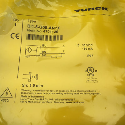 New Turck BI1.5-G08-AN7X Proximity Sensor, NPN, Distance: 1.5mm, Voltage: 10-30VDC