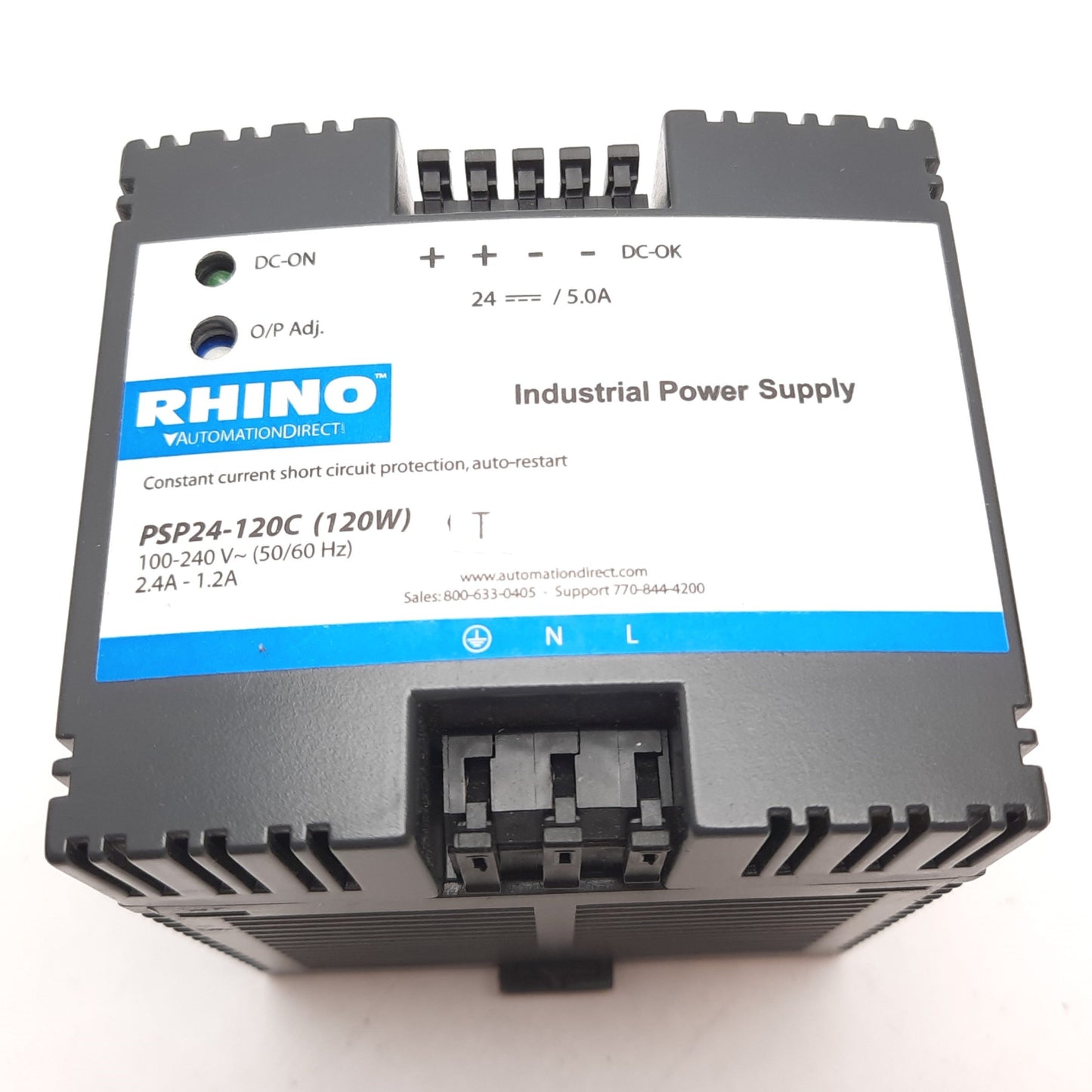 Used Rhino PSP24-120C Power Supply, Input: 100-240VAC 2.4-1.2A, Output: 24VDC 5A