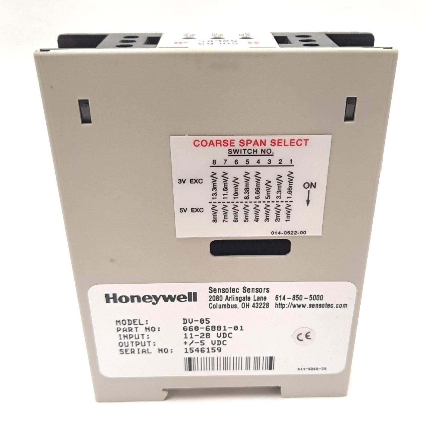 Used HONEYWELL 060-6881-01 DV-05, TRANSDUCER AMP, INPUT 11-28 VDC, OUTPUT +/- 5VDC