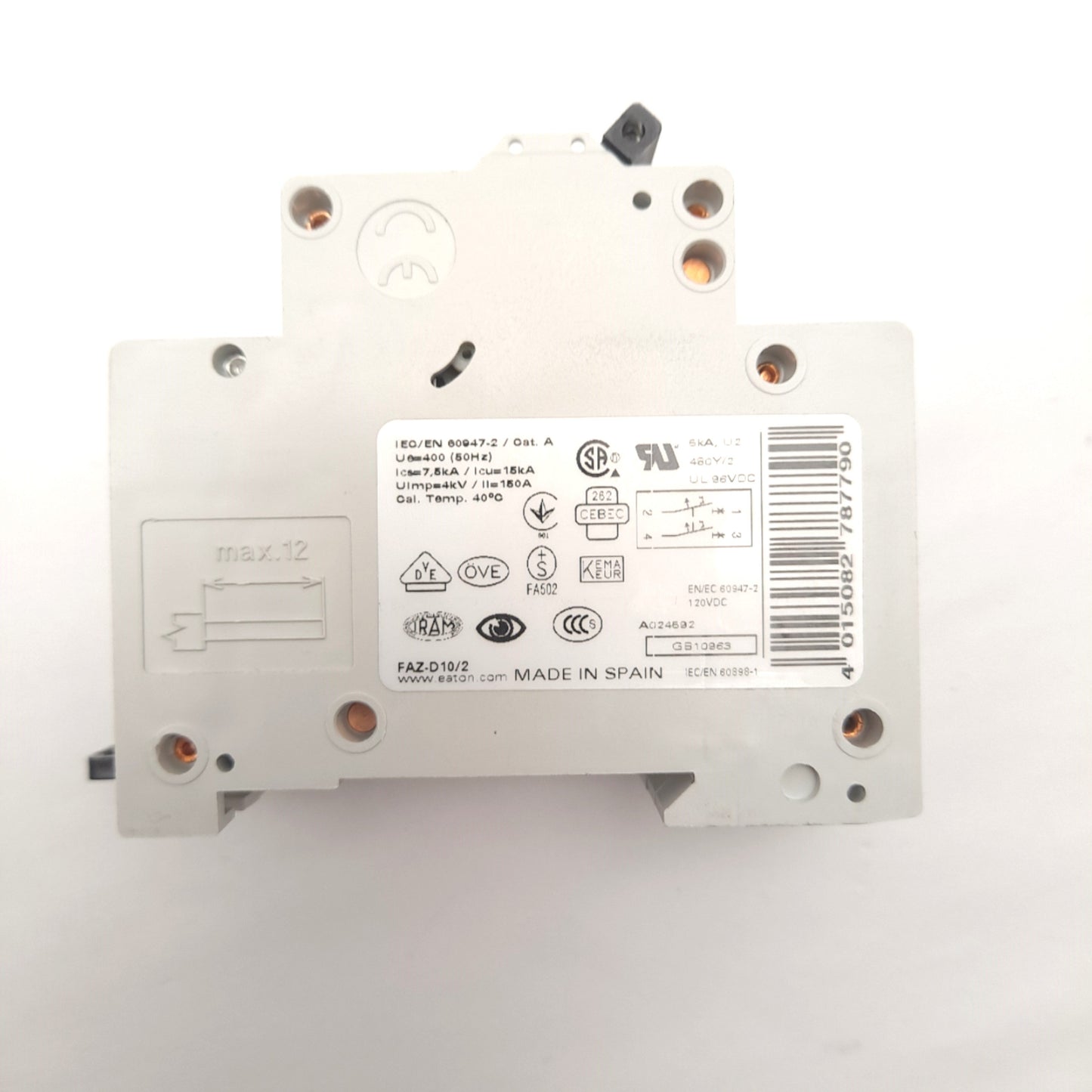 Used EATON FAZ-D10/2 CIRCUIT BREAKER, 2 POLE, 10A, 60 VDC, 240/415 VAC