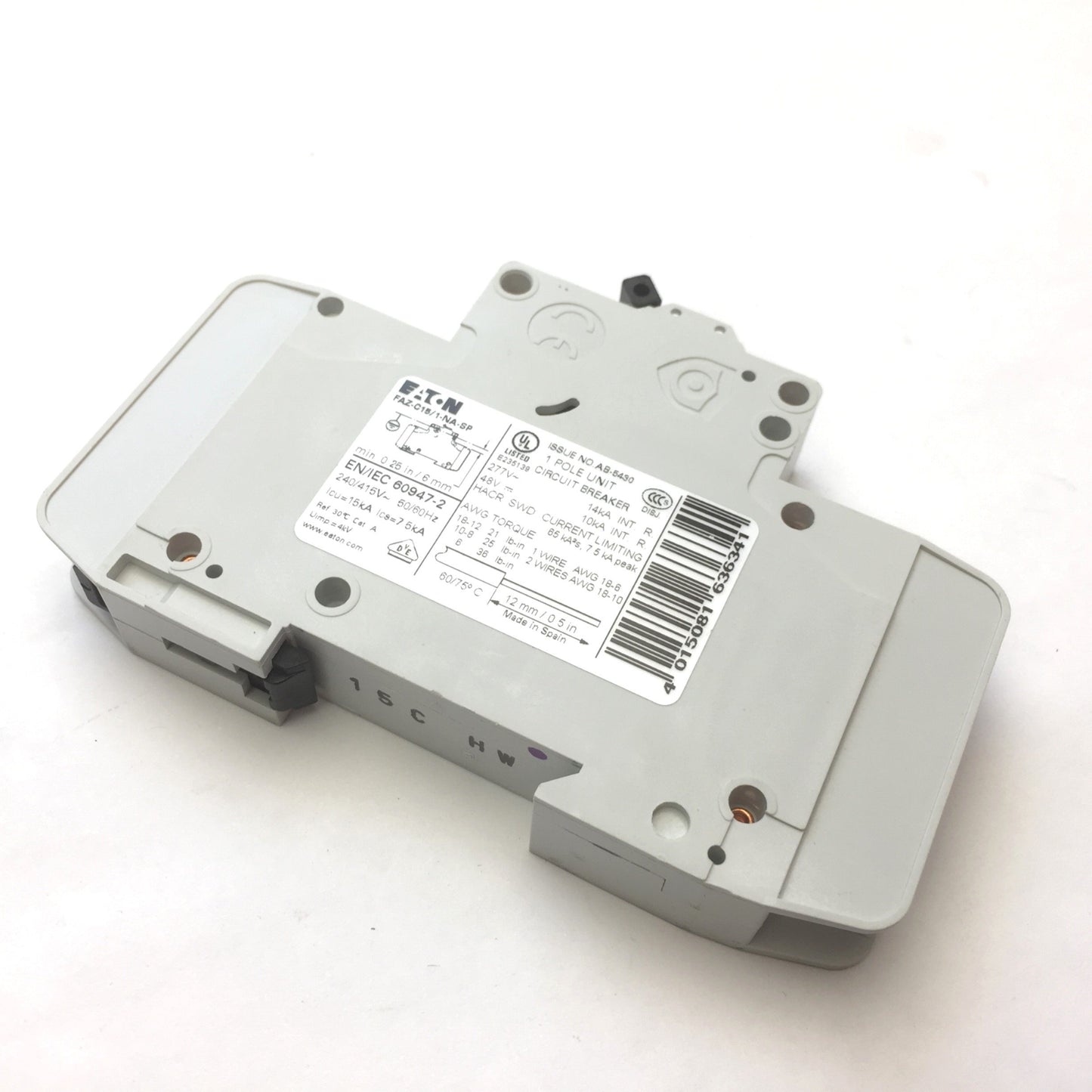 Used Eaton FAZ-C15/1-NA-SP Miniature Circuit Breaker 1-Pole C-Curve, 15A 277VAC 48VDC