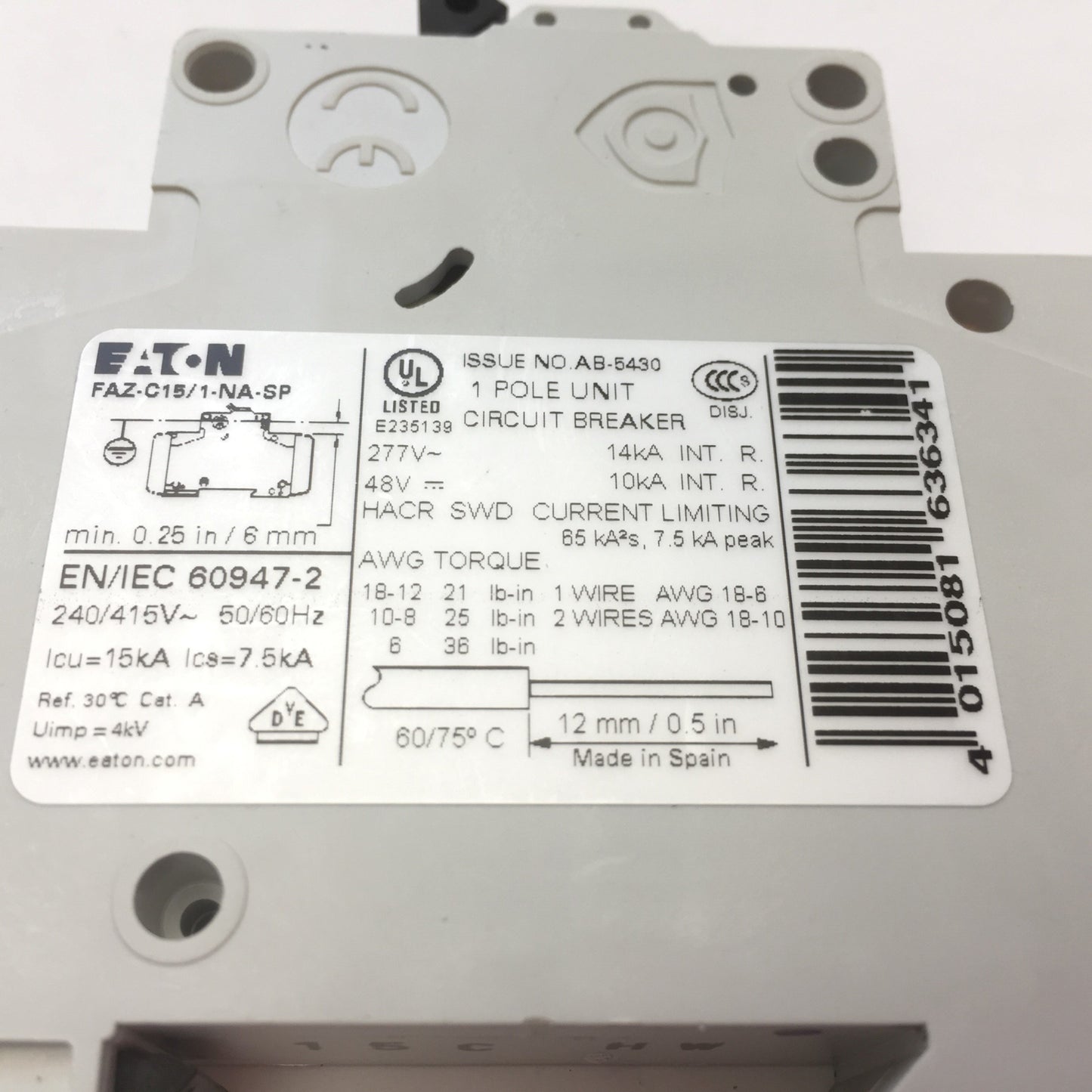 Used Eaton FAZ-C15/1-NA-SP Miniature Circuit Breaker 1-Pole C-Curve, 15A 277VAC 48VDC