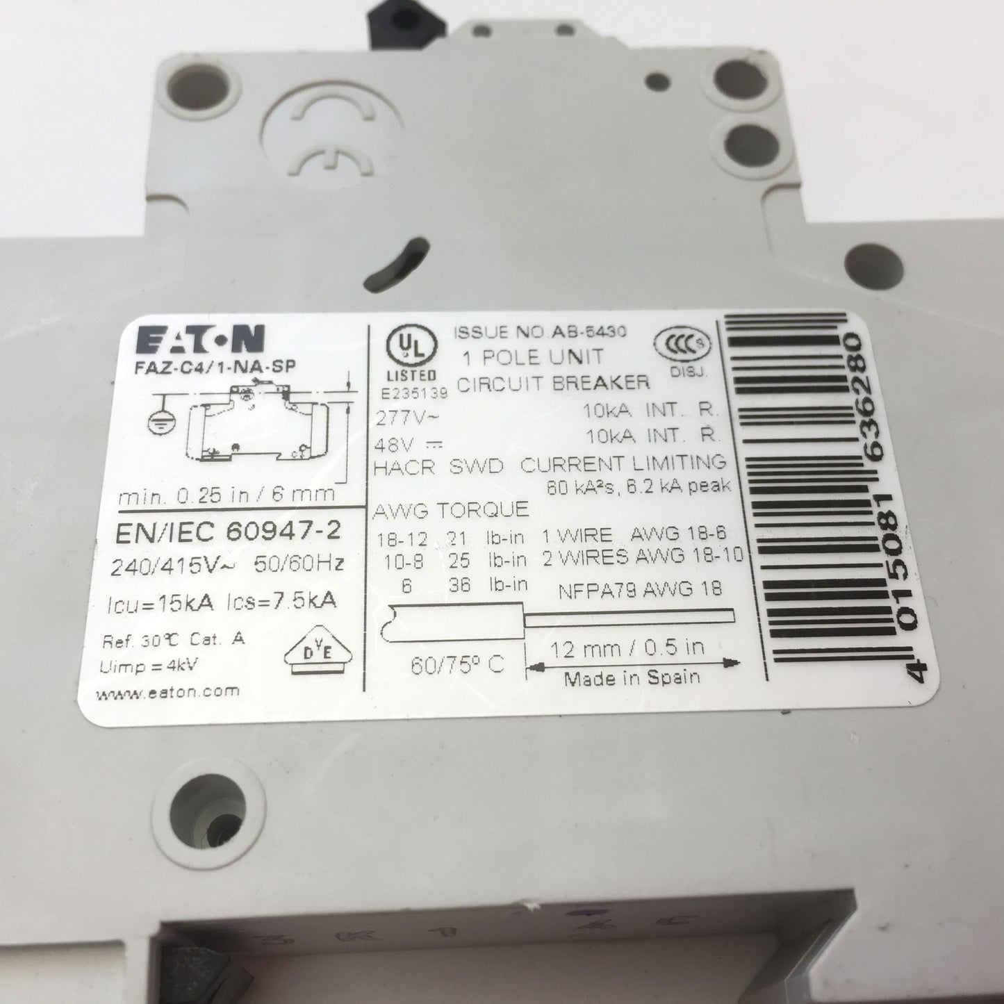 Used Eaton FAZ-C4/1-NA-SP Miniature Circuit Breaker 1-Pole C-Curve, 4A 277VAC 48VDC