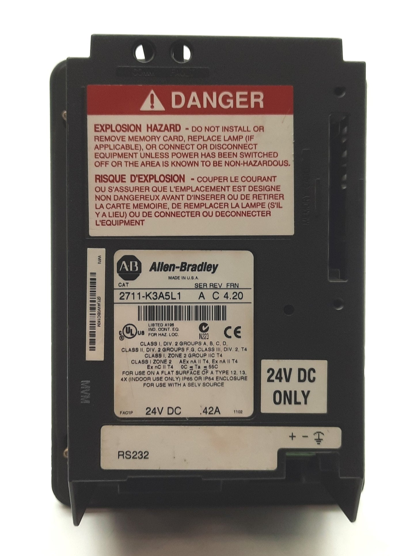 Used Allen Bradley 2711-K3A5L1 Ser A Rev C PanelView 300 HMI/Operator Panel, 24VDC