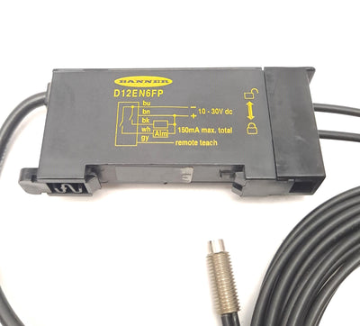 Used Banner D12EN6FP Fiber Optic Sensor, Red LED, NPN, 5-Wire, 10-30VDC w/Fiber