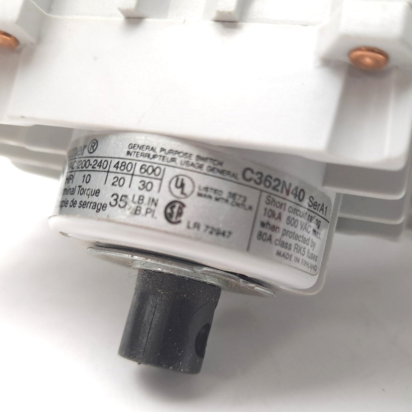 Used Cutler-Hammer C362N40 Disconnect Switch 600VAC 40A 3 pole Din Rail Mount