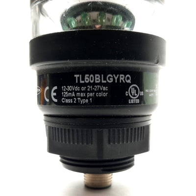 Used Banner TL50BLGYRQ LED Tower Light, Green, Yellow, Red, M12 4-Pin Male, 24VAC/DC