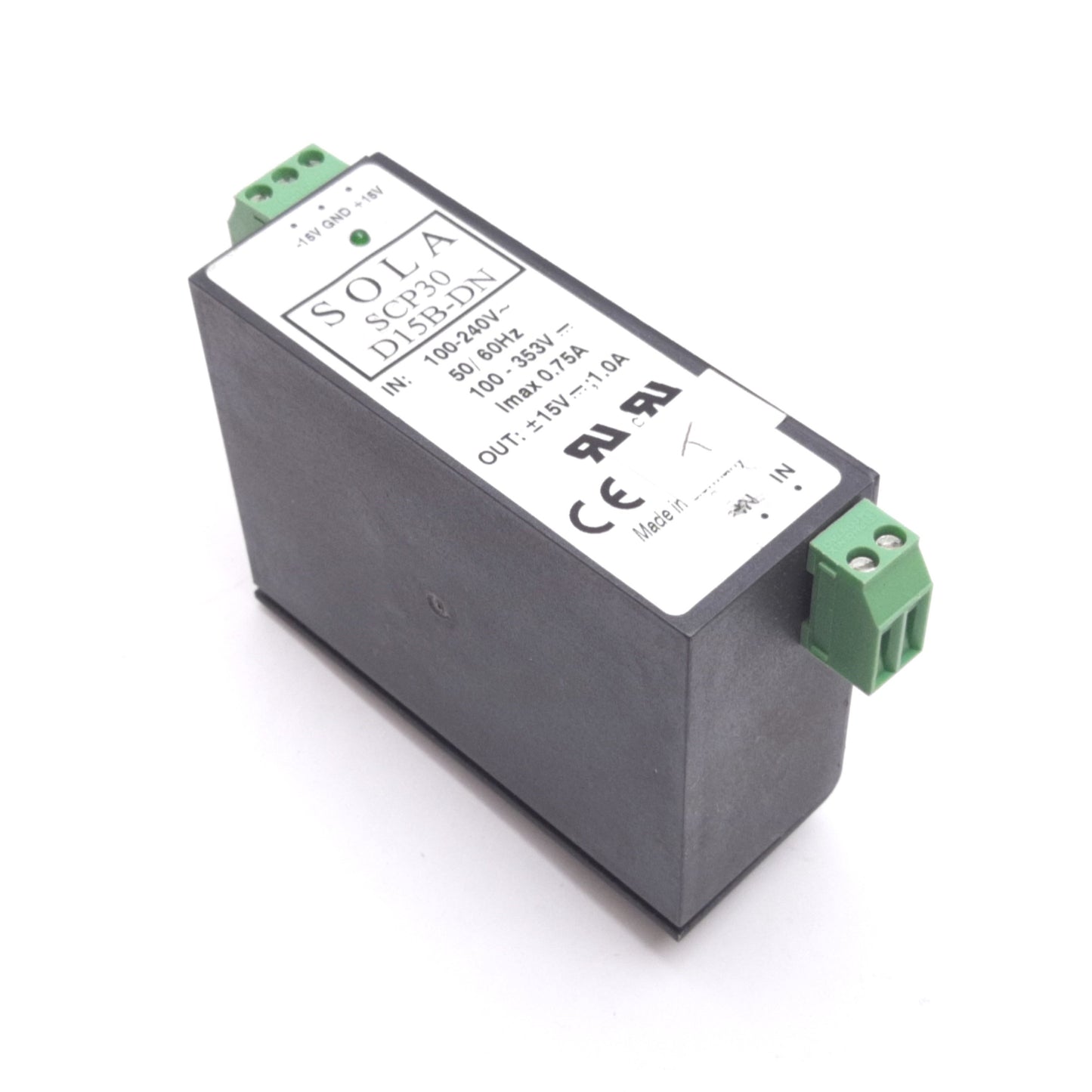 Used Sola SCP30 D15B-DN Power Supply, In: 100-240VAC / 100-353VDC, Out: 15VDC 1.0A